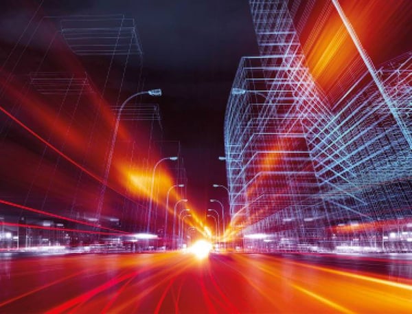 A fast car moving through a virtual city