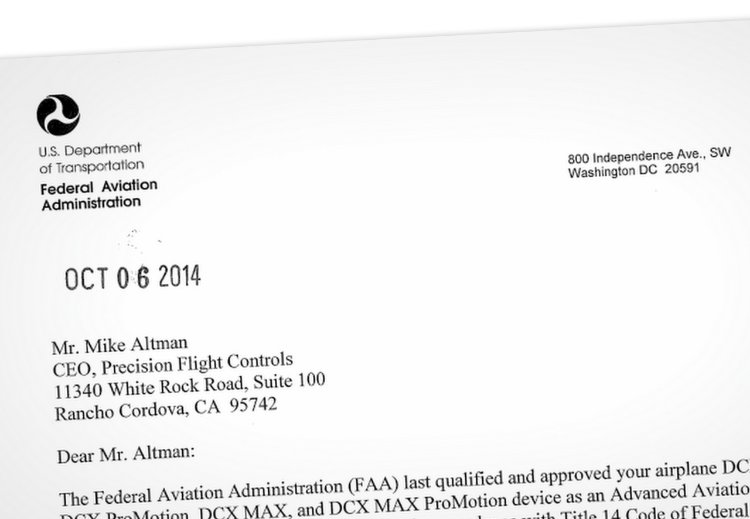 Letter from Federal Aviation Adminitration adressed to CEO of Precision Flight Controls