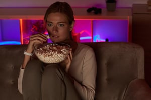 Woman watching a scary movie with popcorn